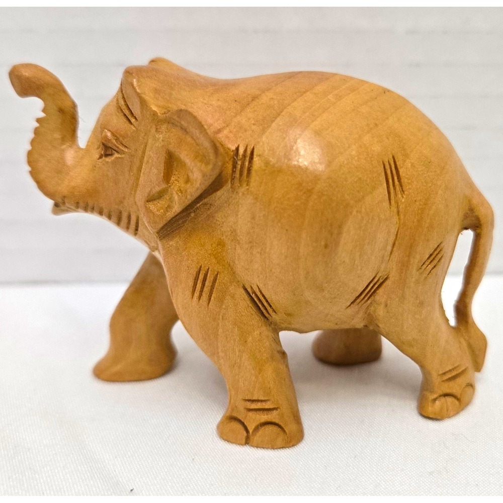 Vintage Hand Carved Wooden Elephant Figurine - Trunk Up Good Luck Decor 3" x 2"